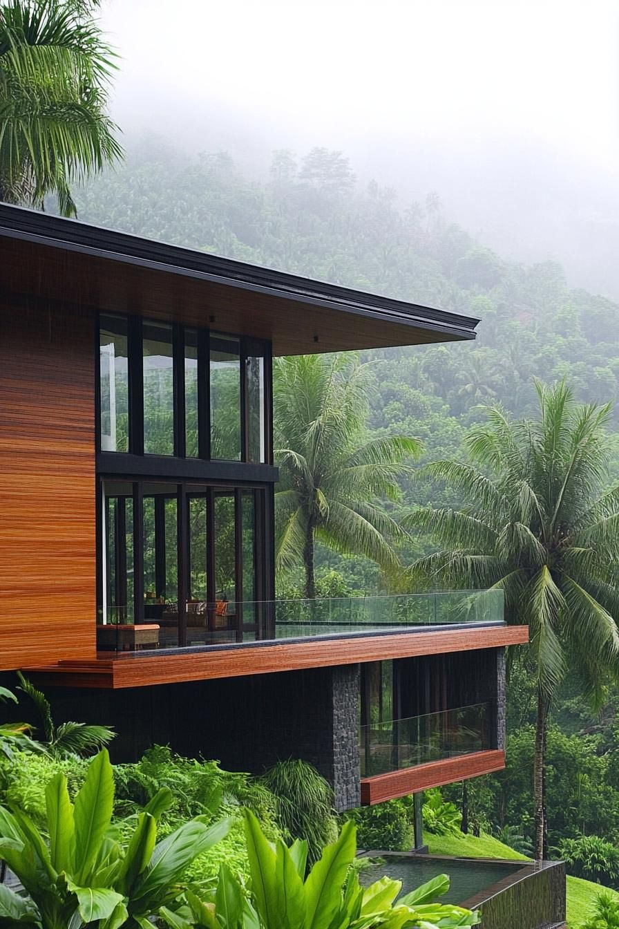 timber clad modern villa in lush tropical landscape with wet rice terraces