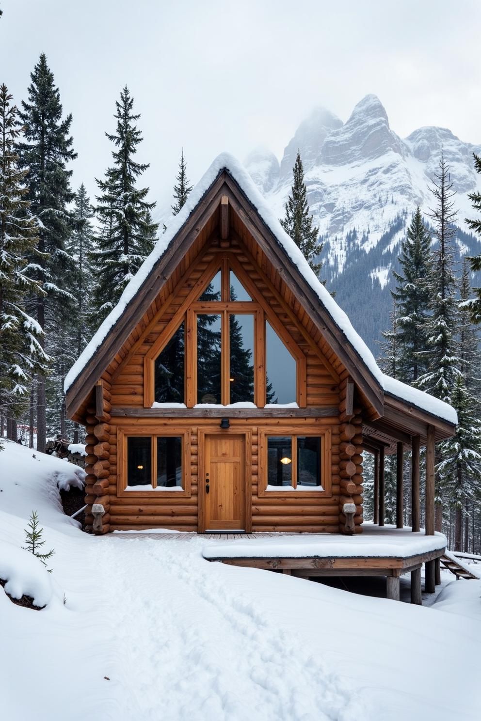 A cozy log cabin surrounded by snow and trees