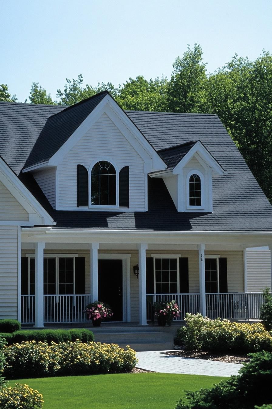 White house with a dark roof and a cozy porch