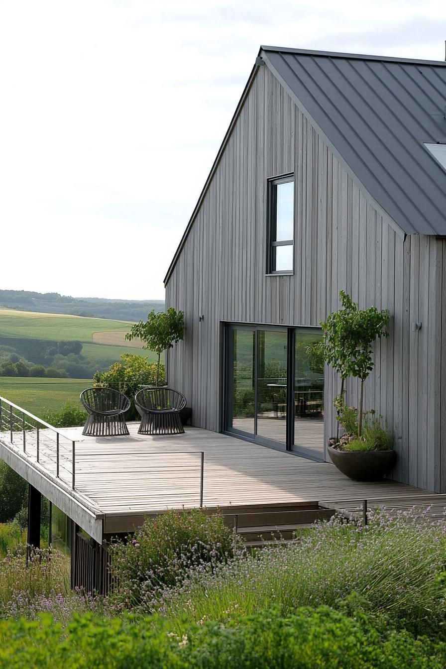 modern barn house with gray timber cladding wooden deck patio chairs