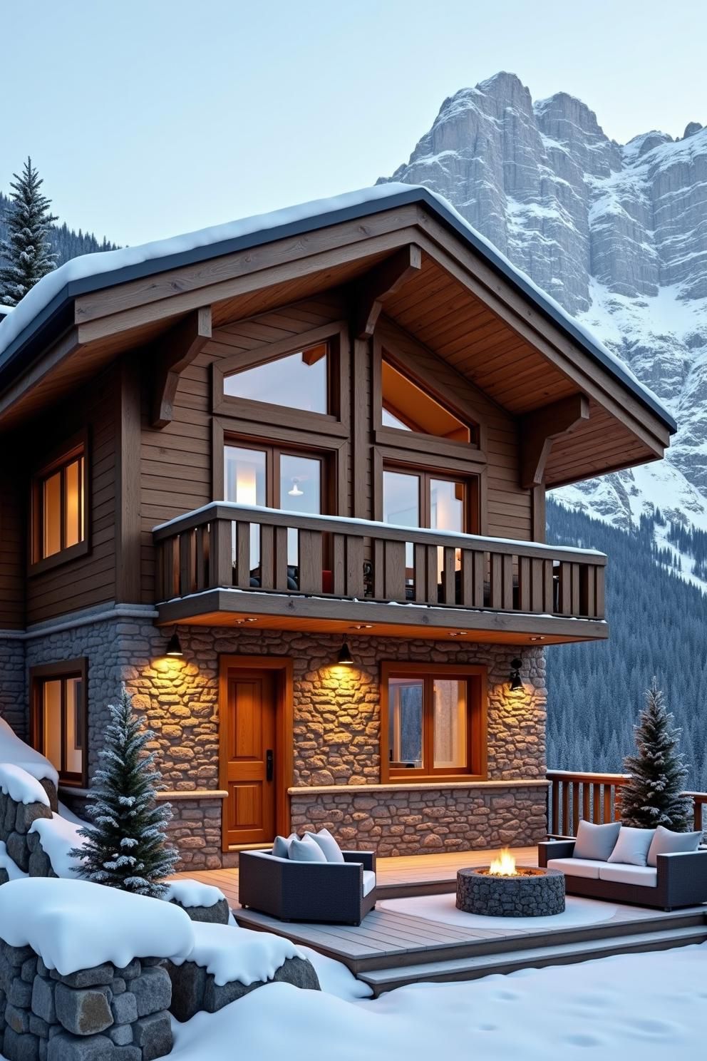 Wooden cabin with stone accents and snow-covered roof