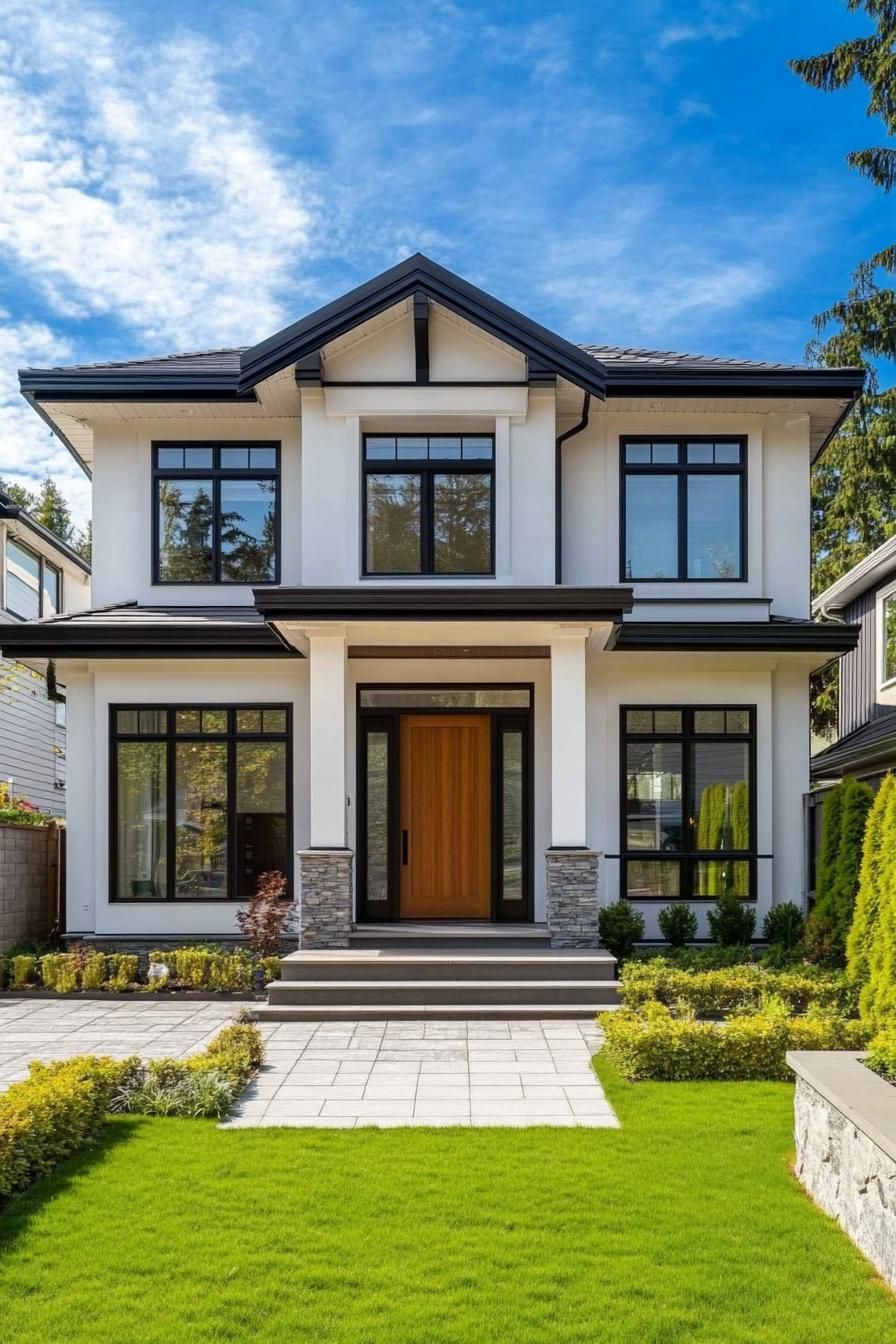 Modern suburban house with large windows and a wooden door