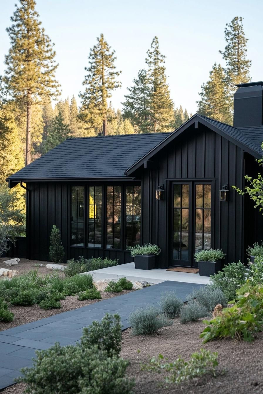 Black house with lush garden and tall trees