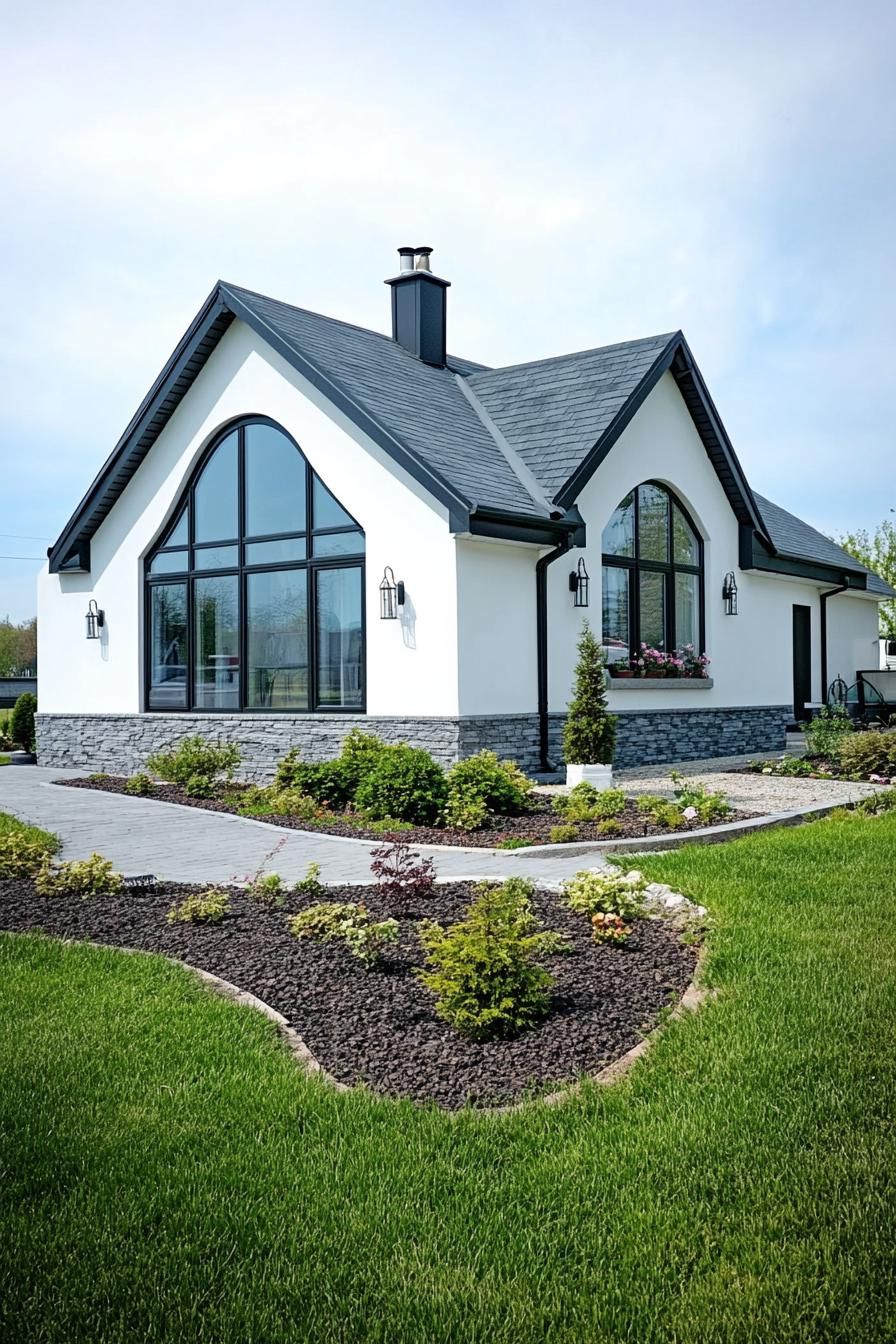 Elegant single-story home with arched windows and manicured garden