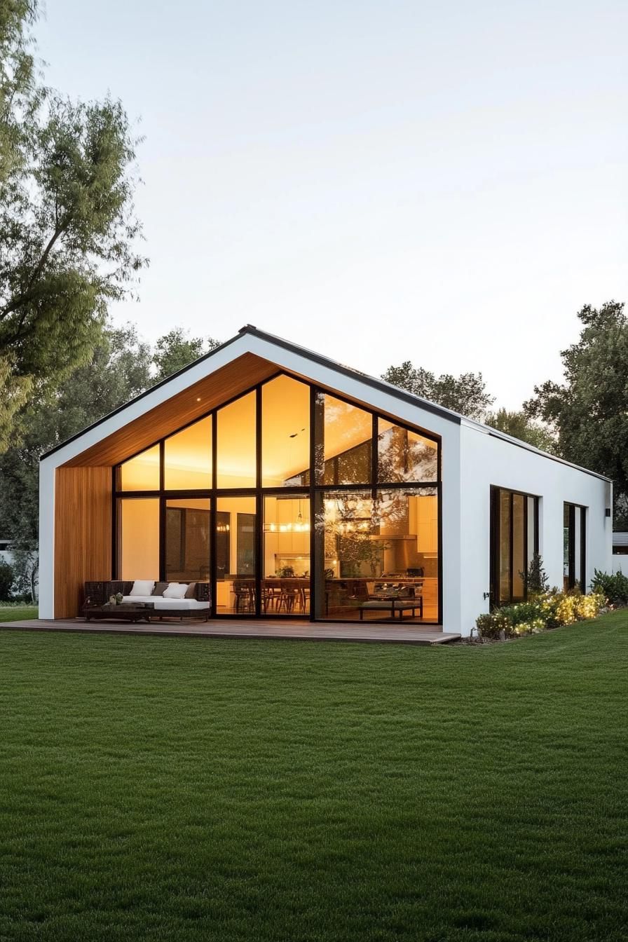 Modern rancher house with big glass windows under evening light