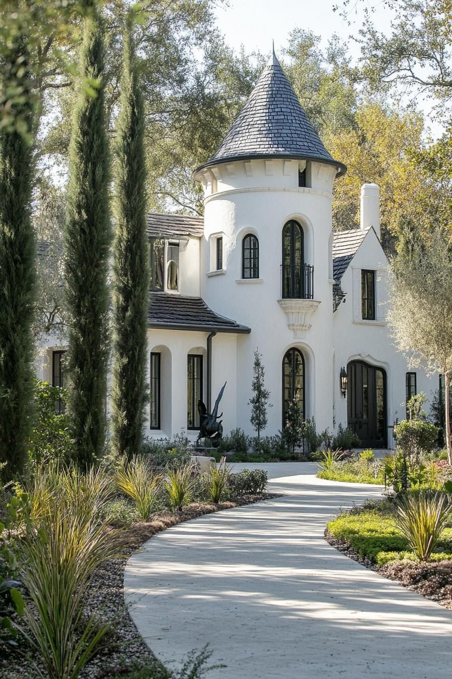 Fairytale-style house with a tall turret and lush greenery