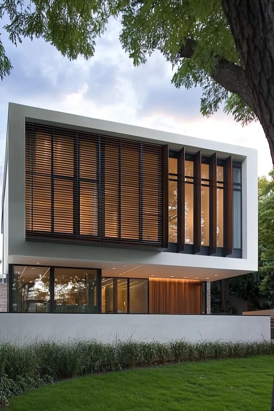 modern house facade architecture with large windows with metal shading panels 1