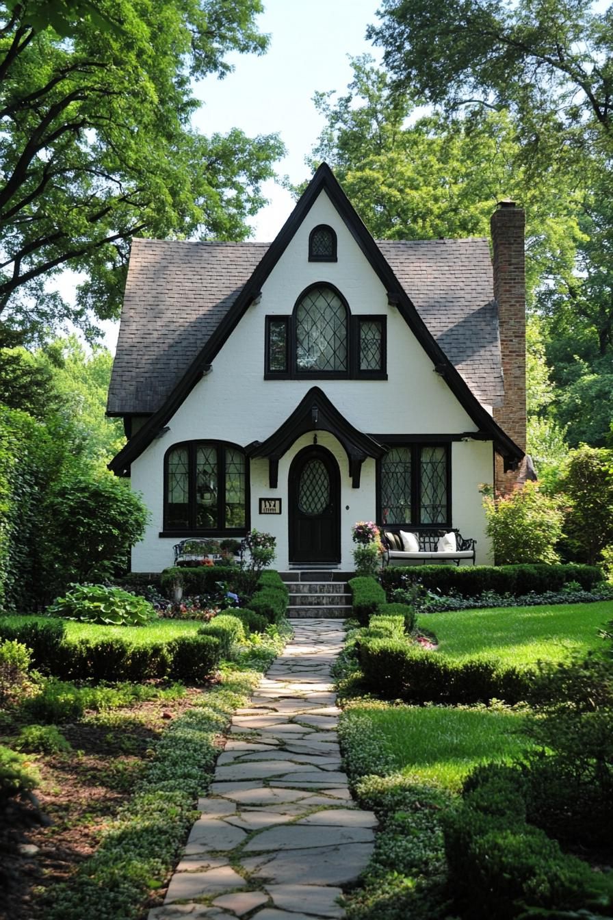 White Tudor house with charming black trim, nestled in a lush garden