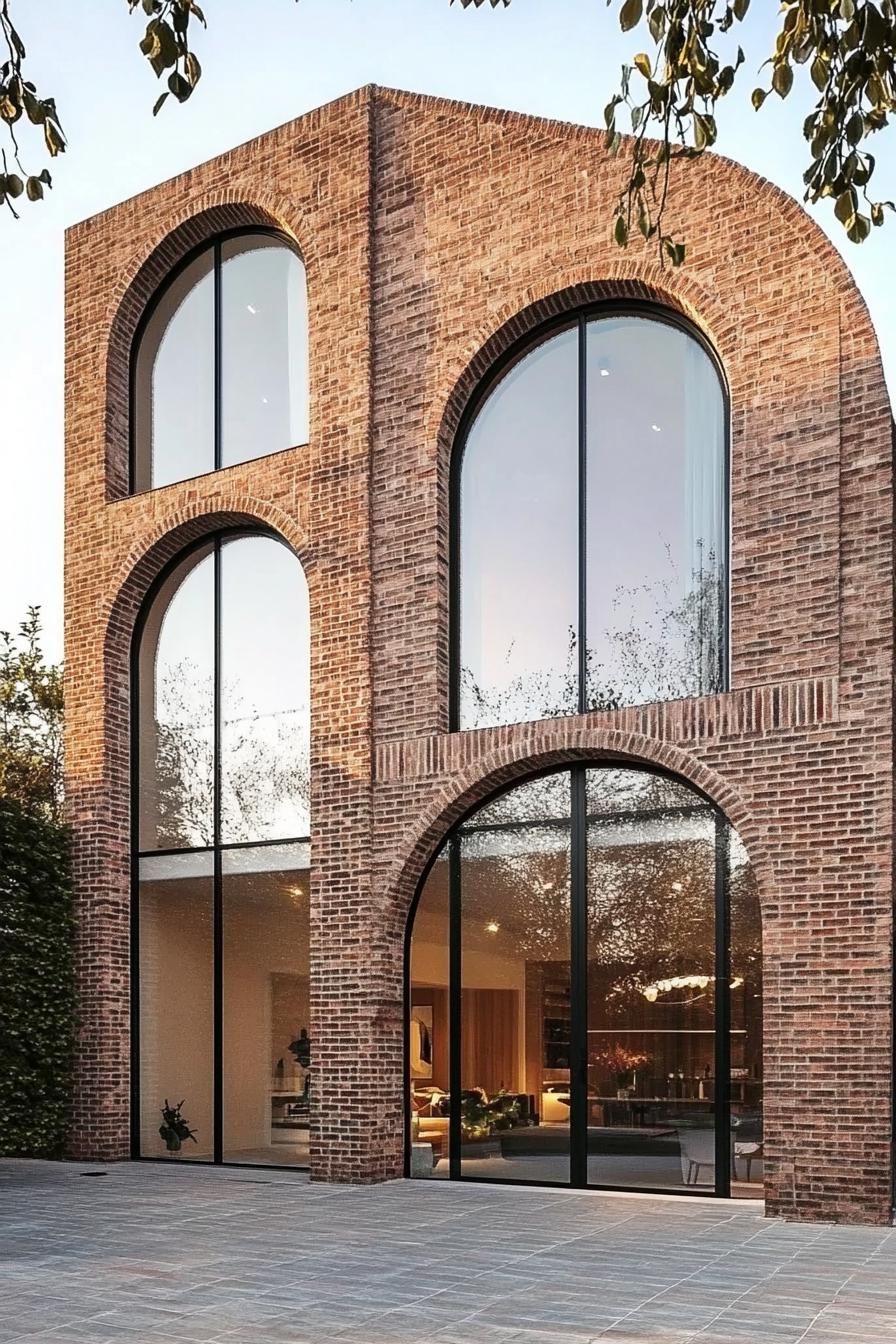 modern brick house geometric facade with tall arches full glass windows and doors 2