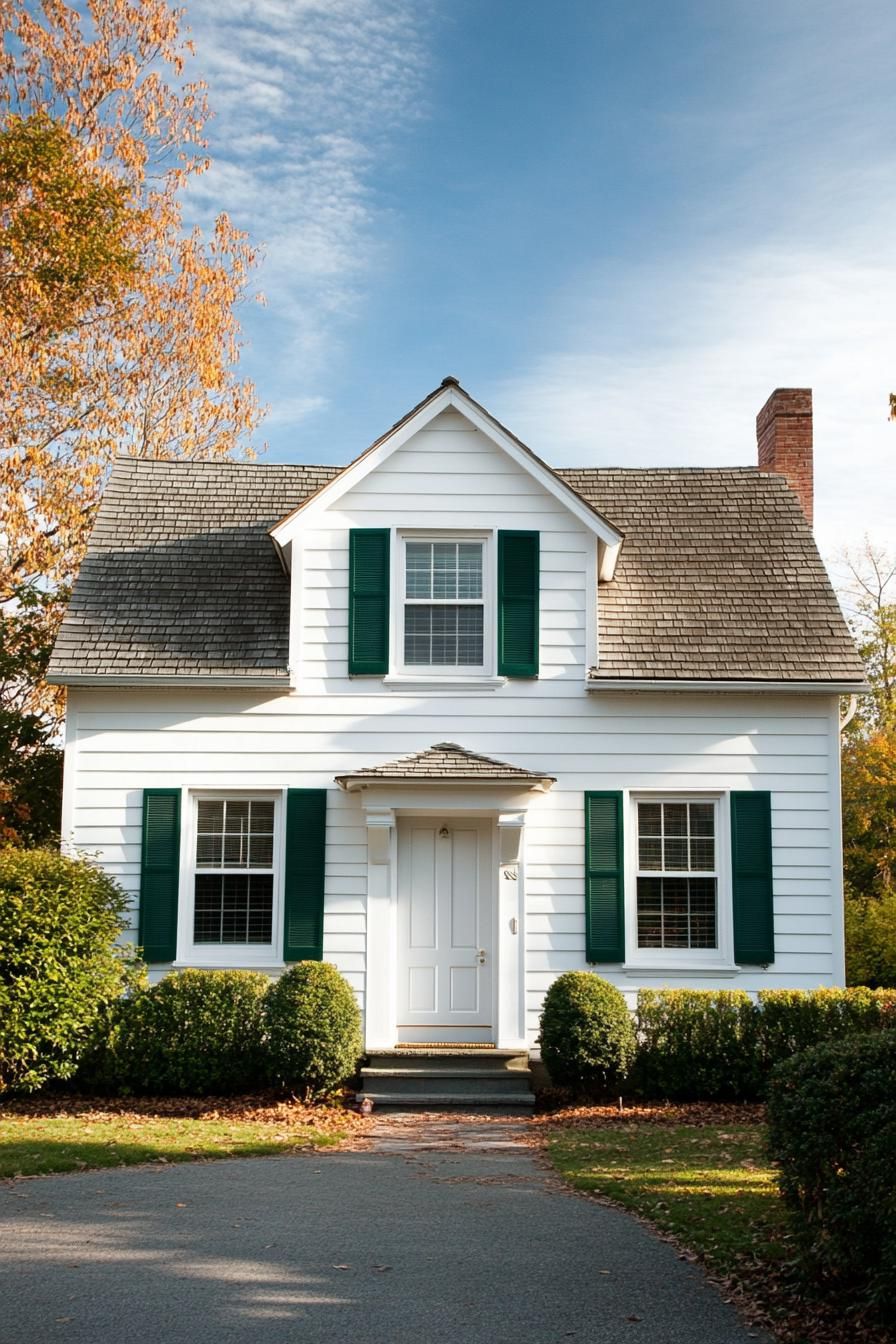 Classic suburban white house with green shutters and a gabled roof