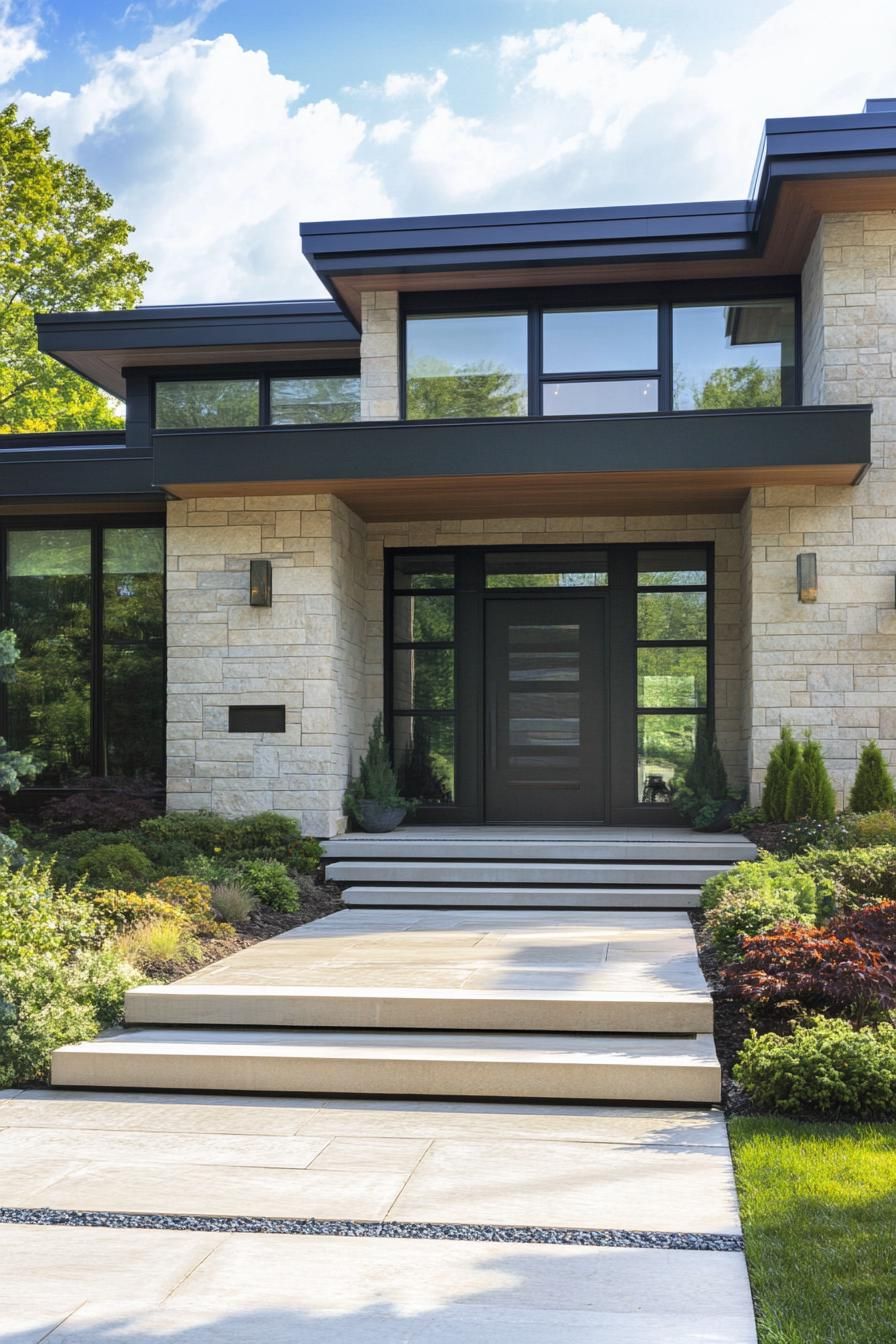 Modern house with stone facade and sleek black accents