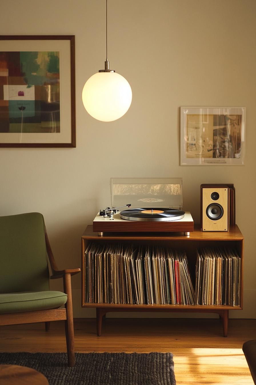 Mid-century record setup with armchair and art