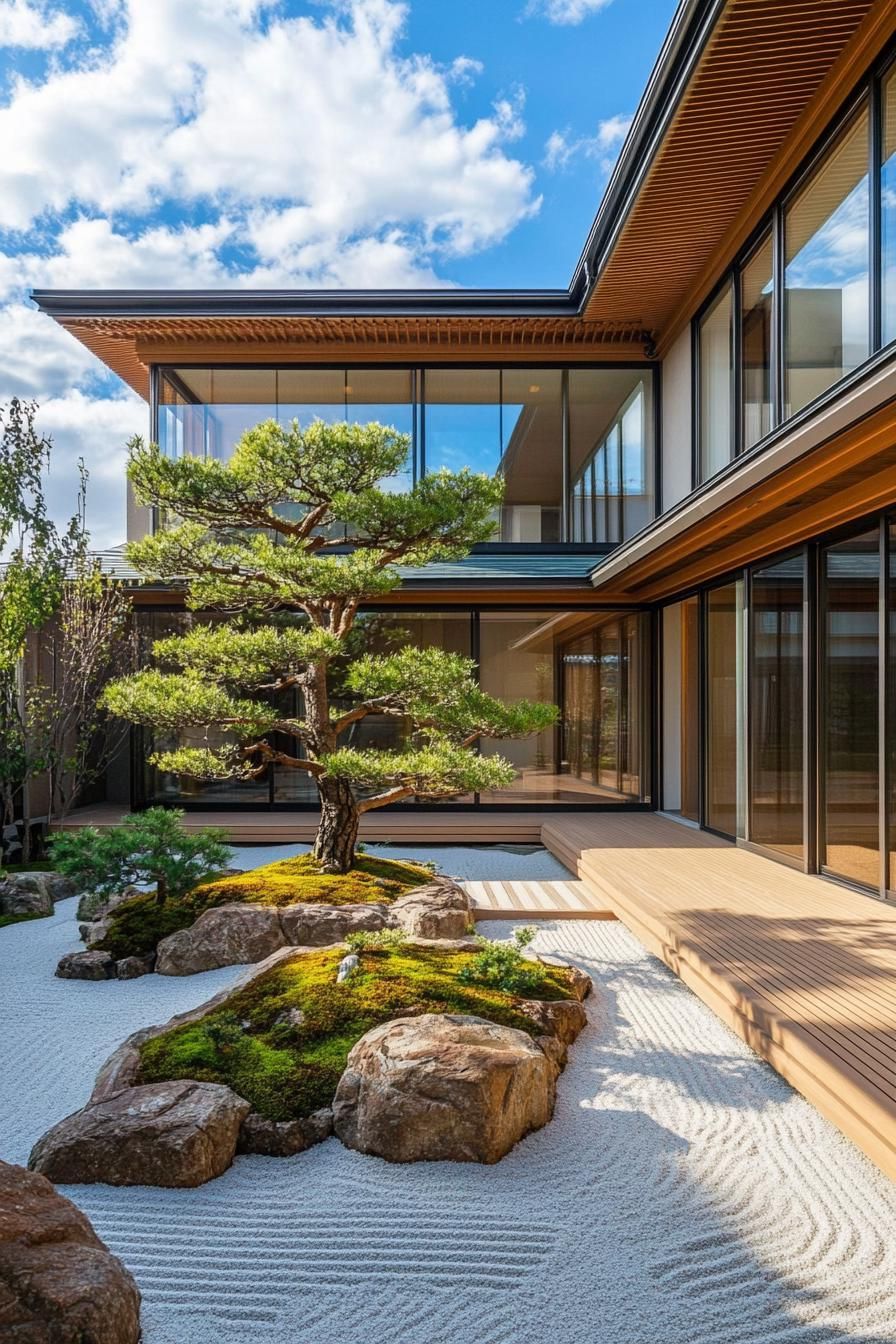 Japanese courtyard with sand garden and pruned tree