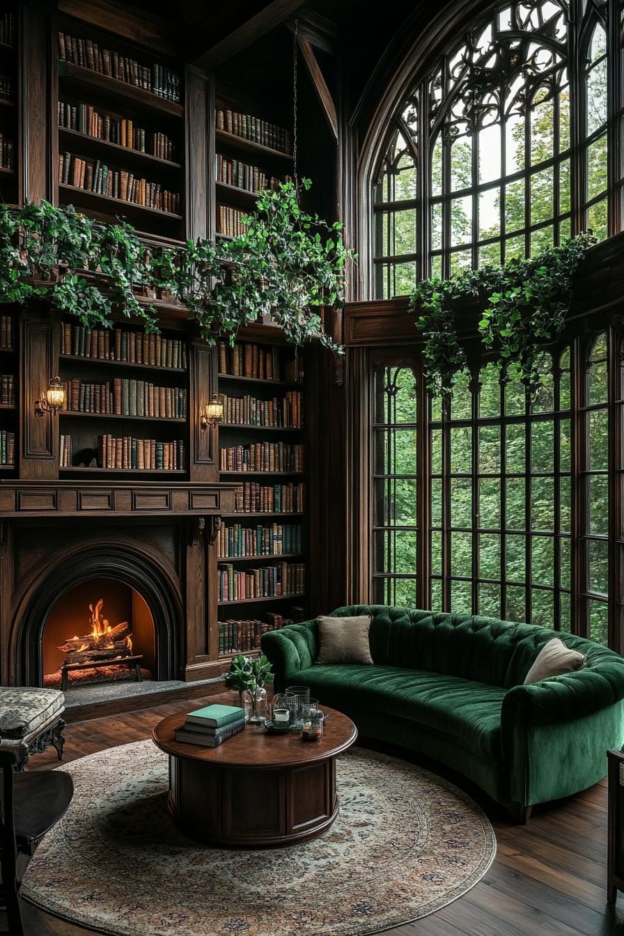 Dark wood room with a velvet couch and a roaring fireplace