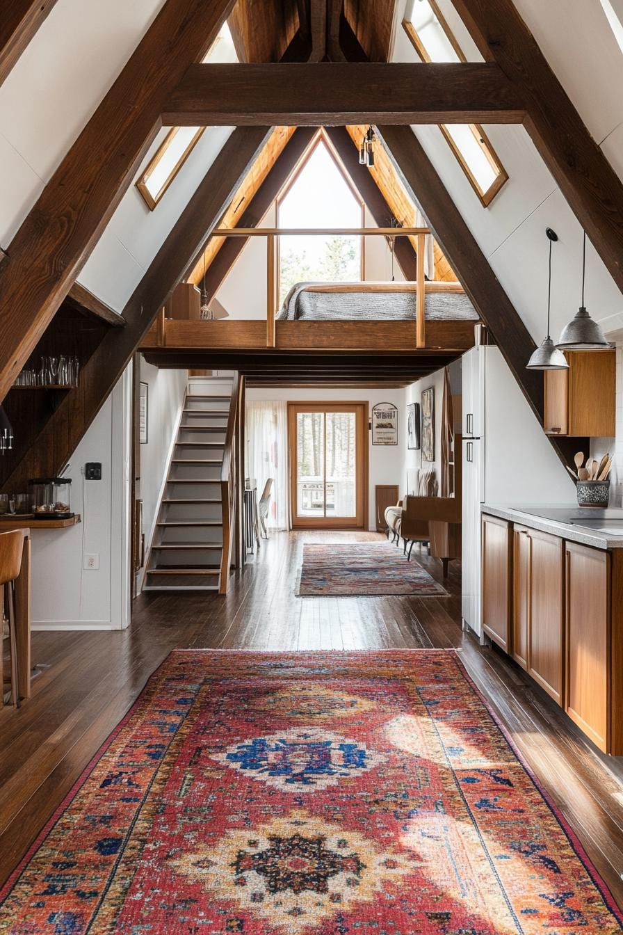 interior of a frame house with high ceiling in dark wood exposed wooden beams white walls kitchen on one side with shaker cabinets living area on 2