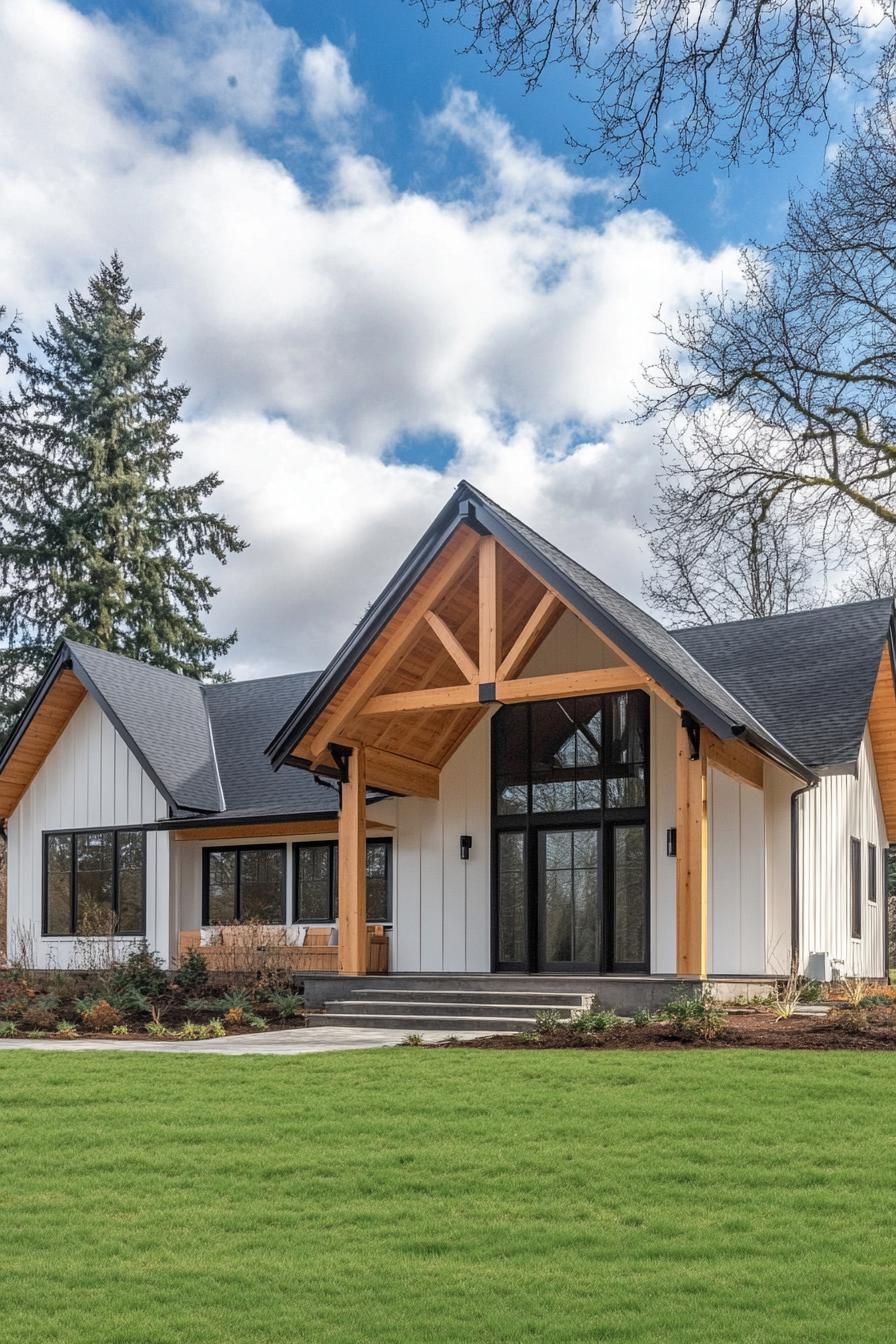 Ranch house with tall gabled roof and lush lawn