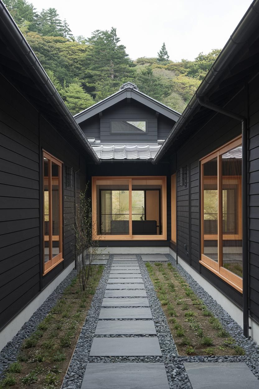 Black contemporary house with a minimalist courtyard