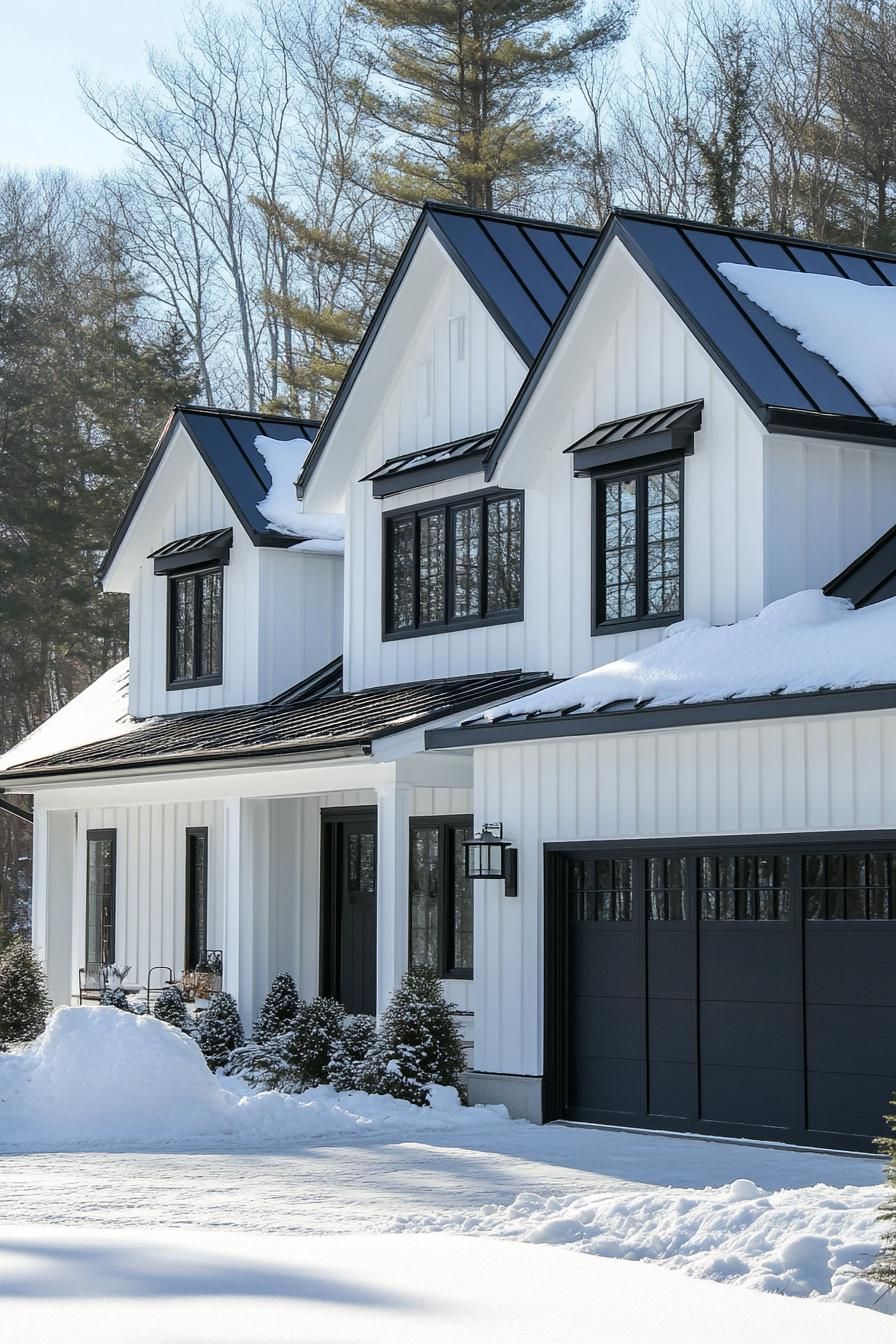 modern white cottage with white siding black trim black multi pitched metal roof black windows large black garage foors black front doors winter