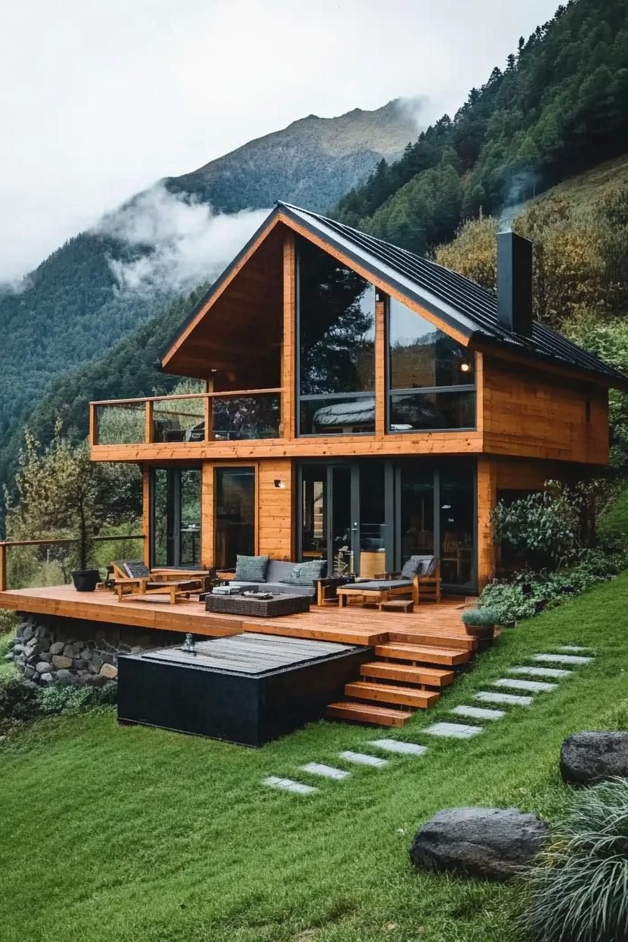 modern moutain forest cabin built onto a green slope with patio deck on the bottom of the slope the house has a glacony and full wall windows there 1