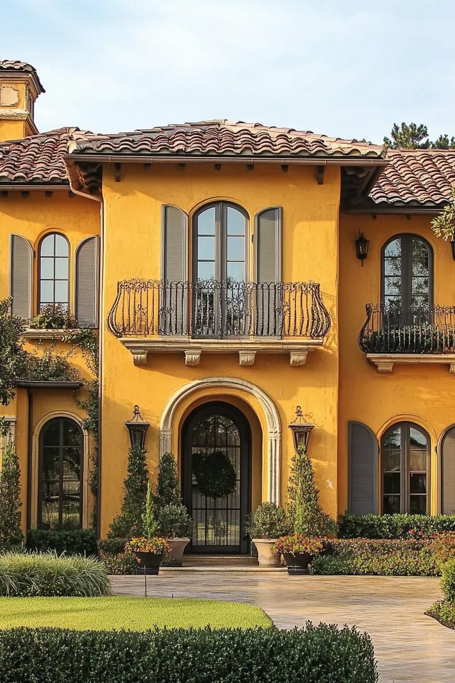 italian villa in yellow stucco siding and barrel tile roof three stories iron balcony windows with grey shutters front patio with potted plants