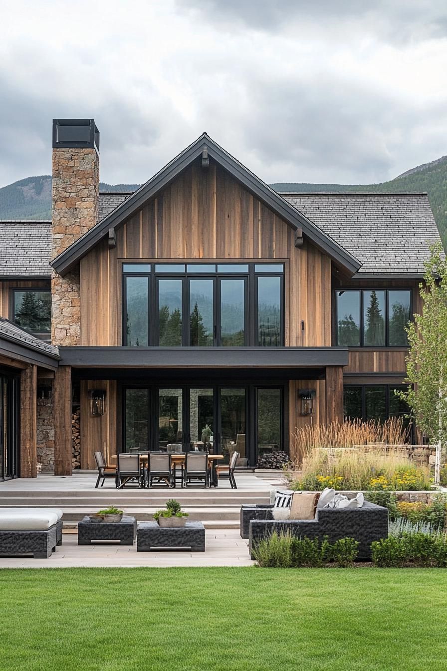 Modern mountain farmhouse with outdoor seating