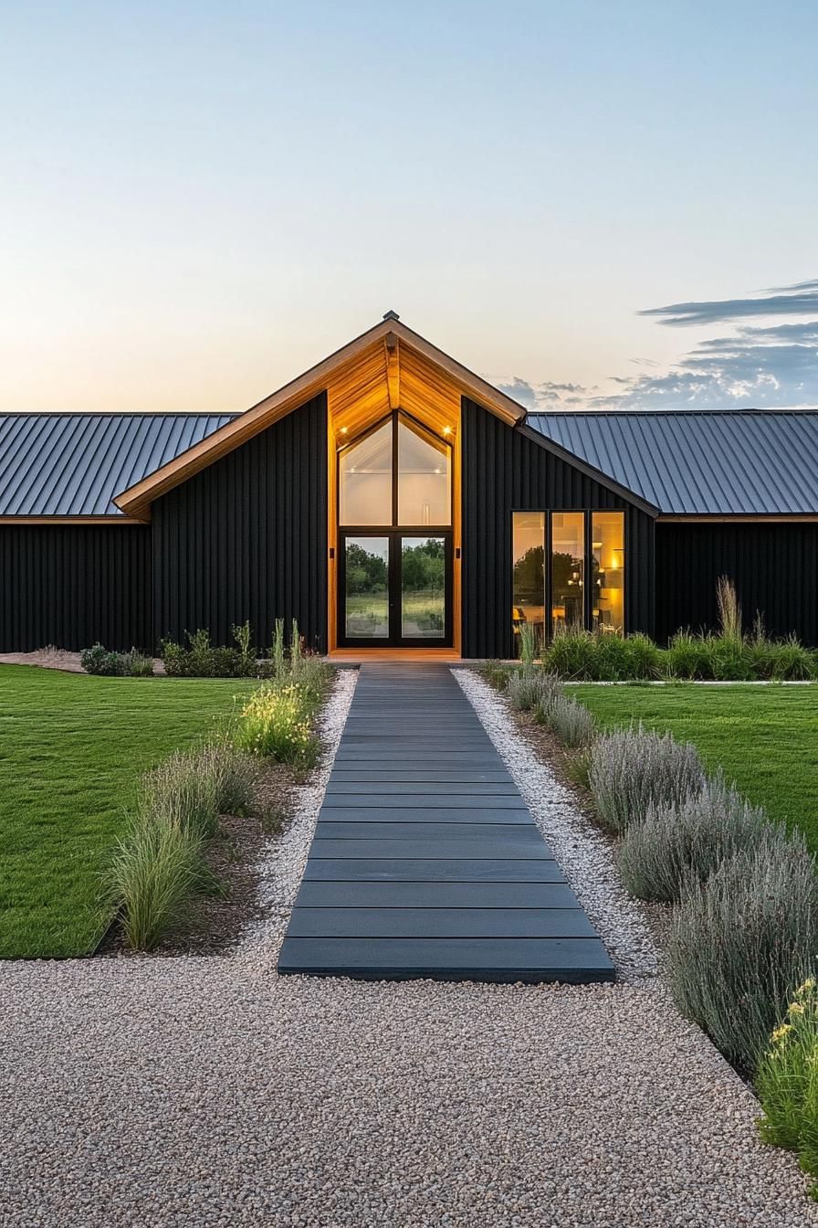 Modern black barndominium with wooden accents