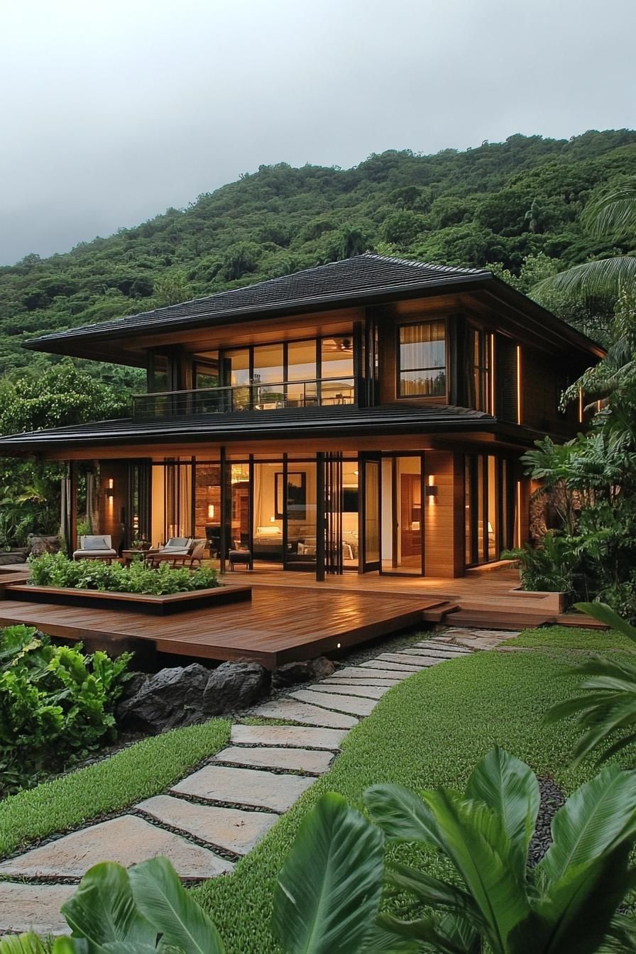 Modern tropical house surrounded by lush greenery