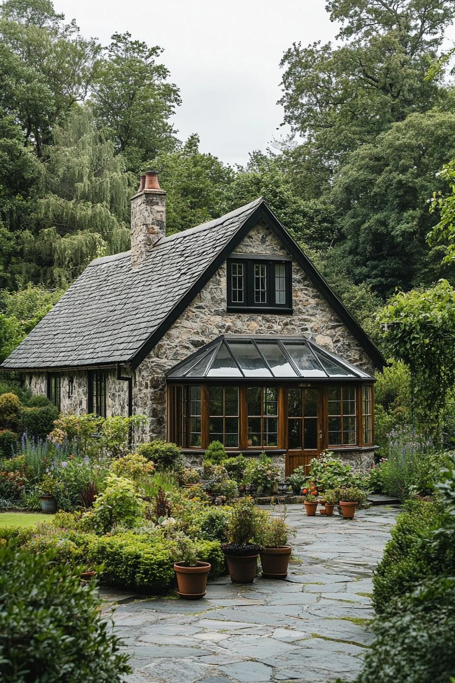 Stone cottage with a glass-enclosed porch amidst a lush garden