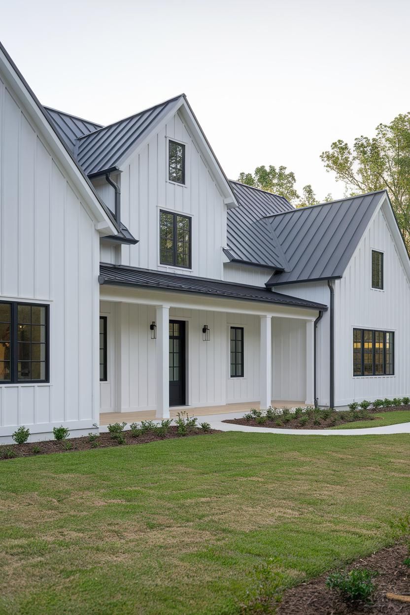 Front view of a white board-and-batten house with a black metal roof and green lawn