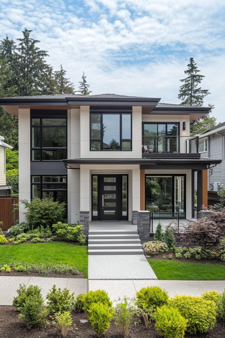 Modern two-story house with large windows and a manicured front yard