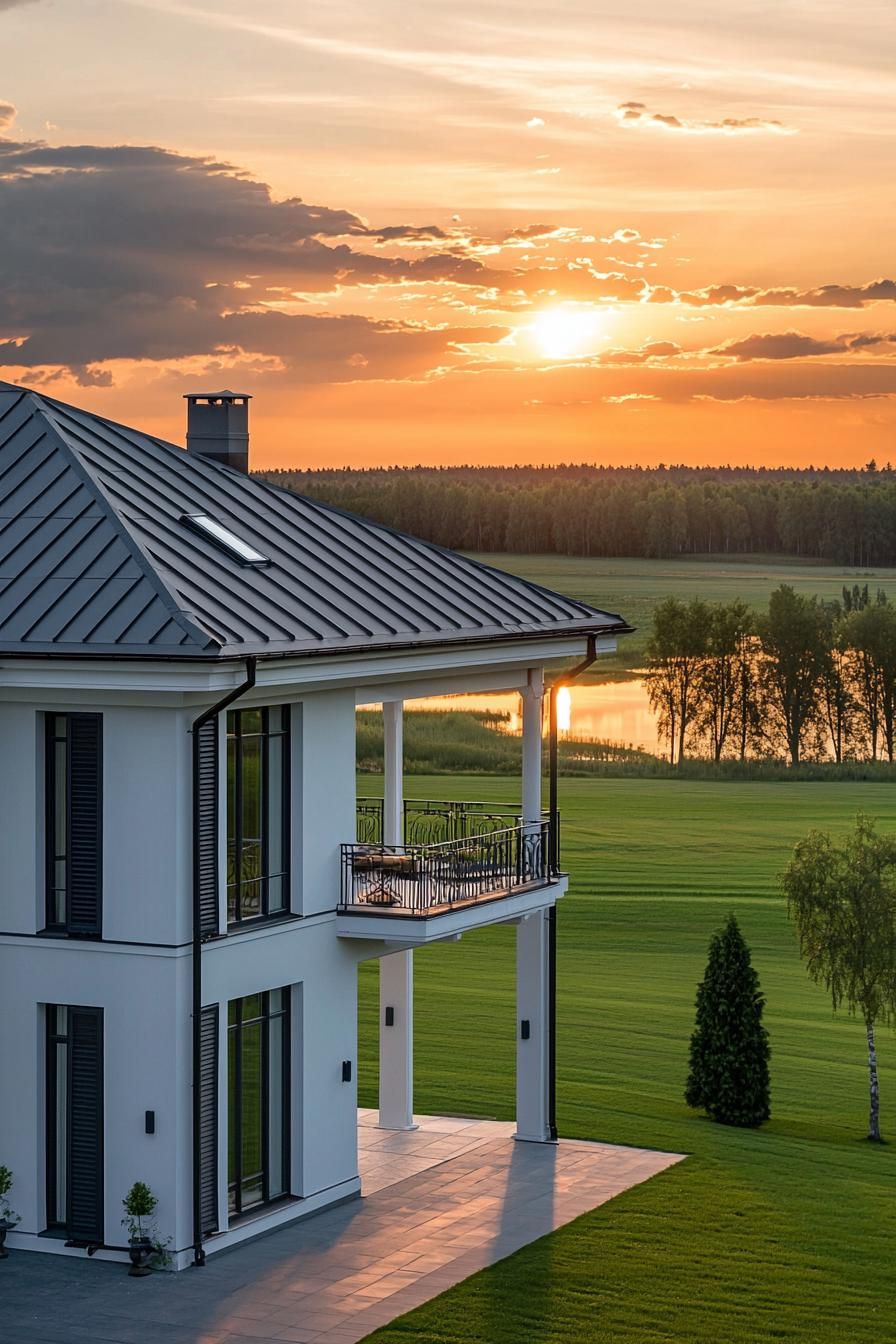 Sun setting over a modern farm mansion with vast green fields