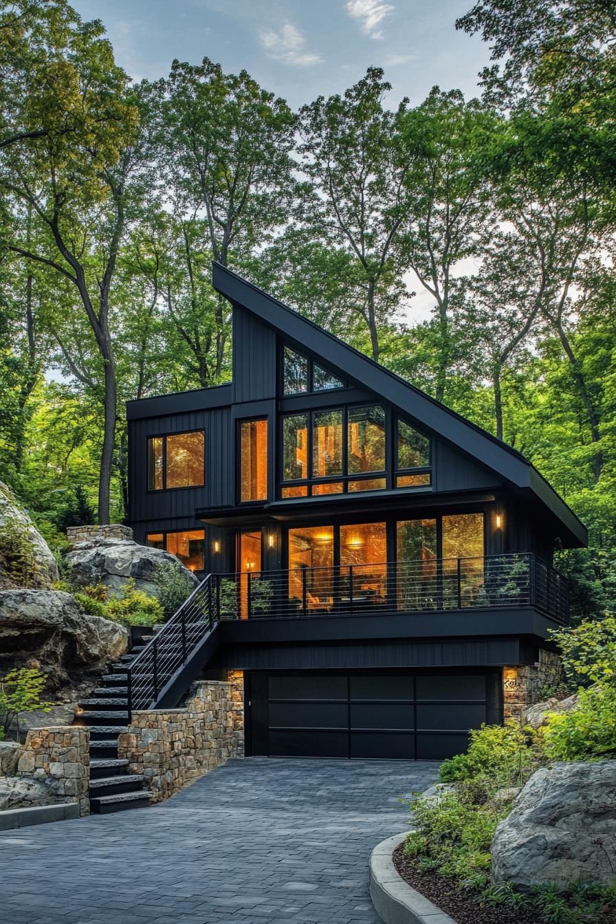 split level contemporary house in black facade and sloped roof garage and stoen paved driveway stair with rails lead to upper floor on a hillside 1