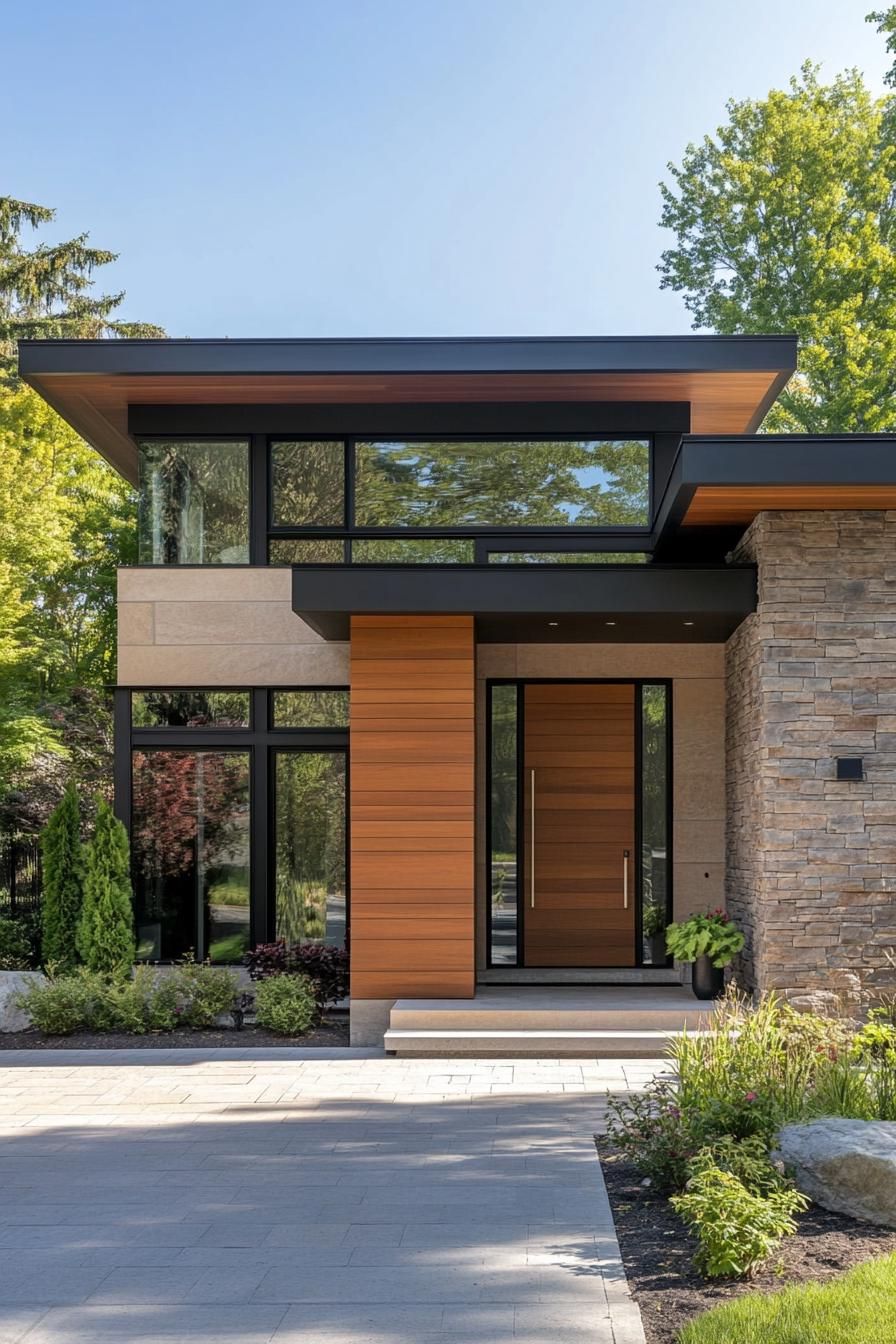 Modern house with wooden accents and glass windows