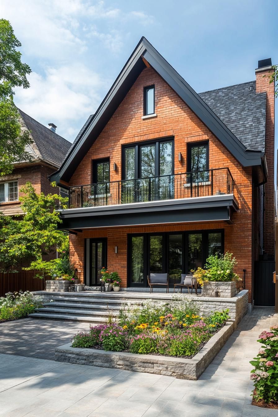 village house with brick and stucco mixed facade large porch and balcony gabled multi pitch black shingle roof modern windows large paved front