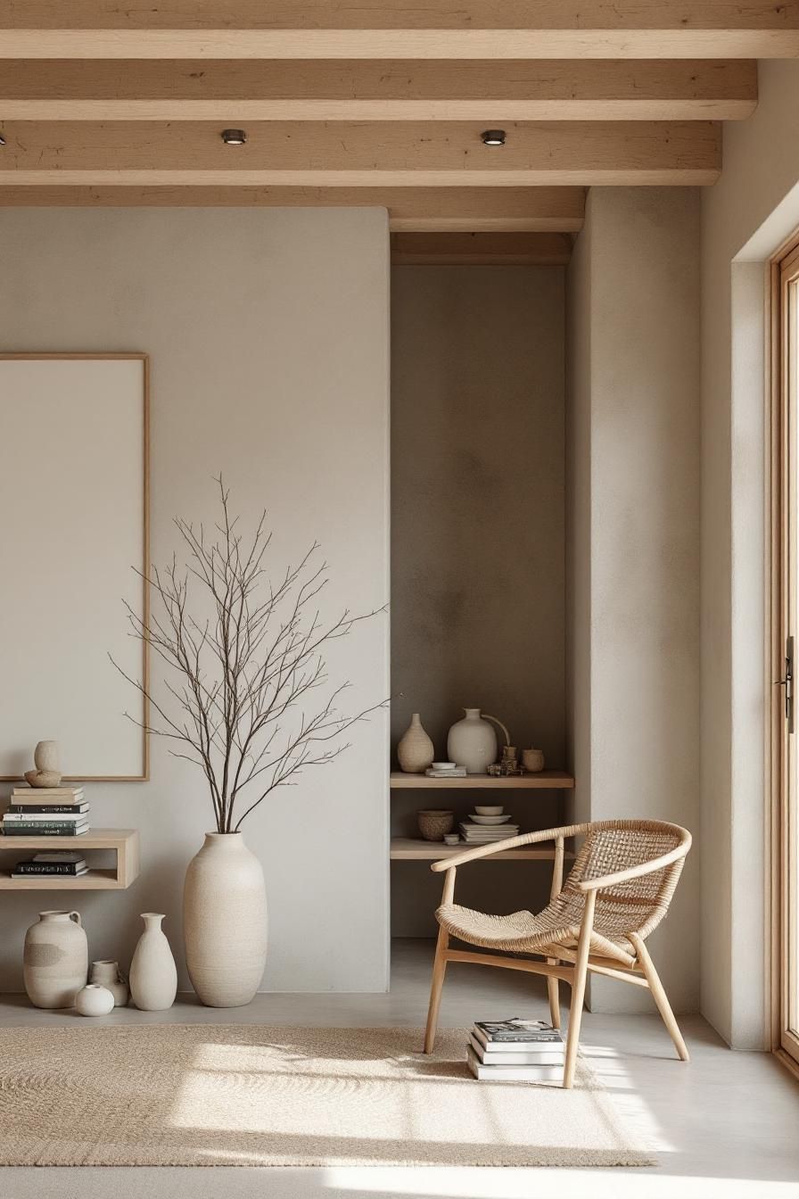 Minimalist room with natural textures and earthy tones