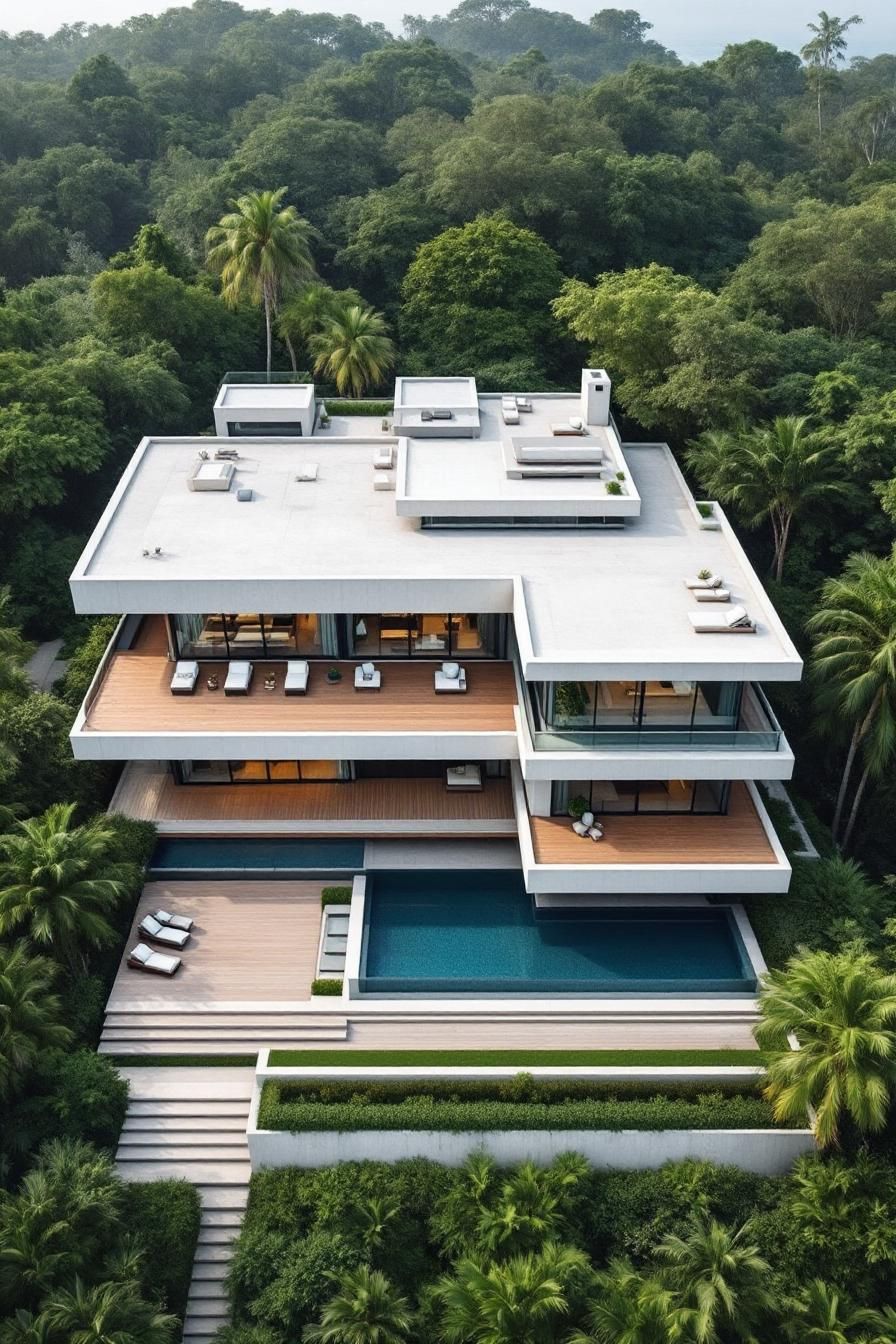 Modern concrete mansion nestled in lush greenery