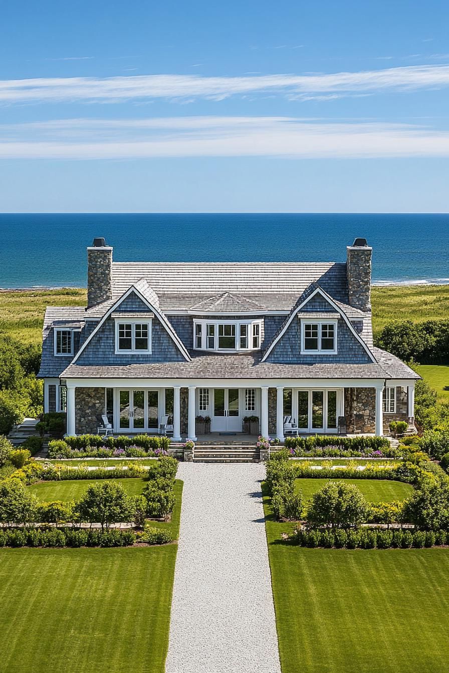 Grand house with lush gardens and ocean backdrop