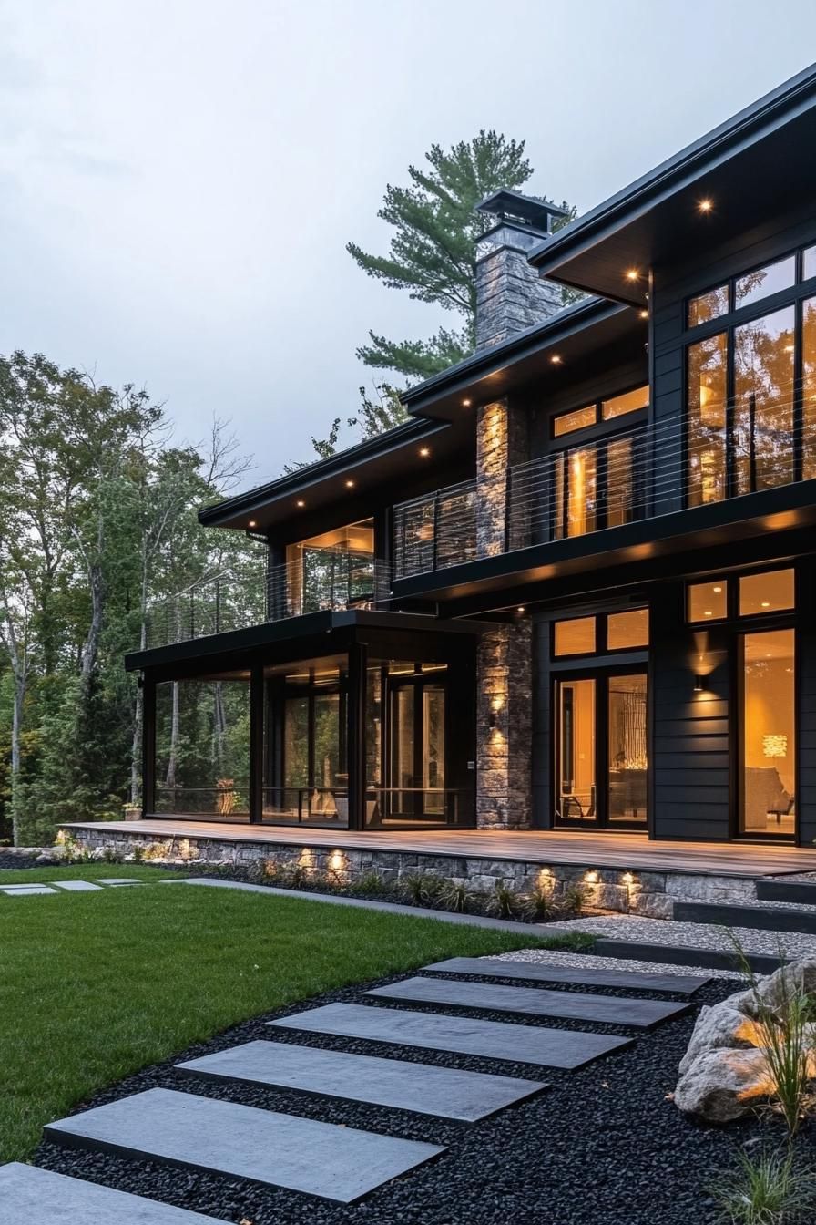 contemporary house exterior in black siding with accept stone wall full glass wall windows large balcony and porch LED lit eaves landscaping with 2