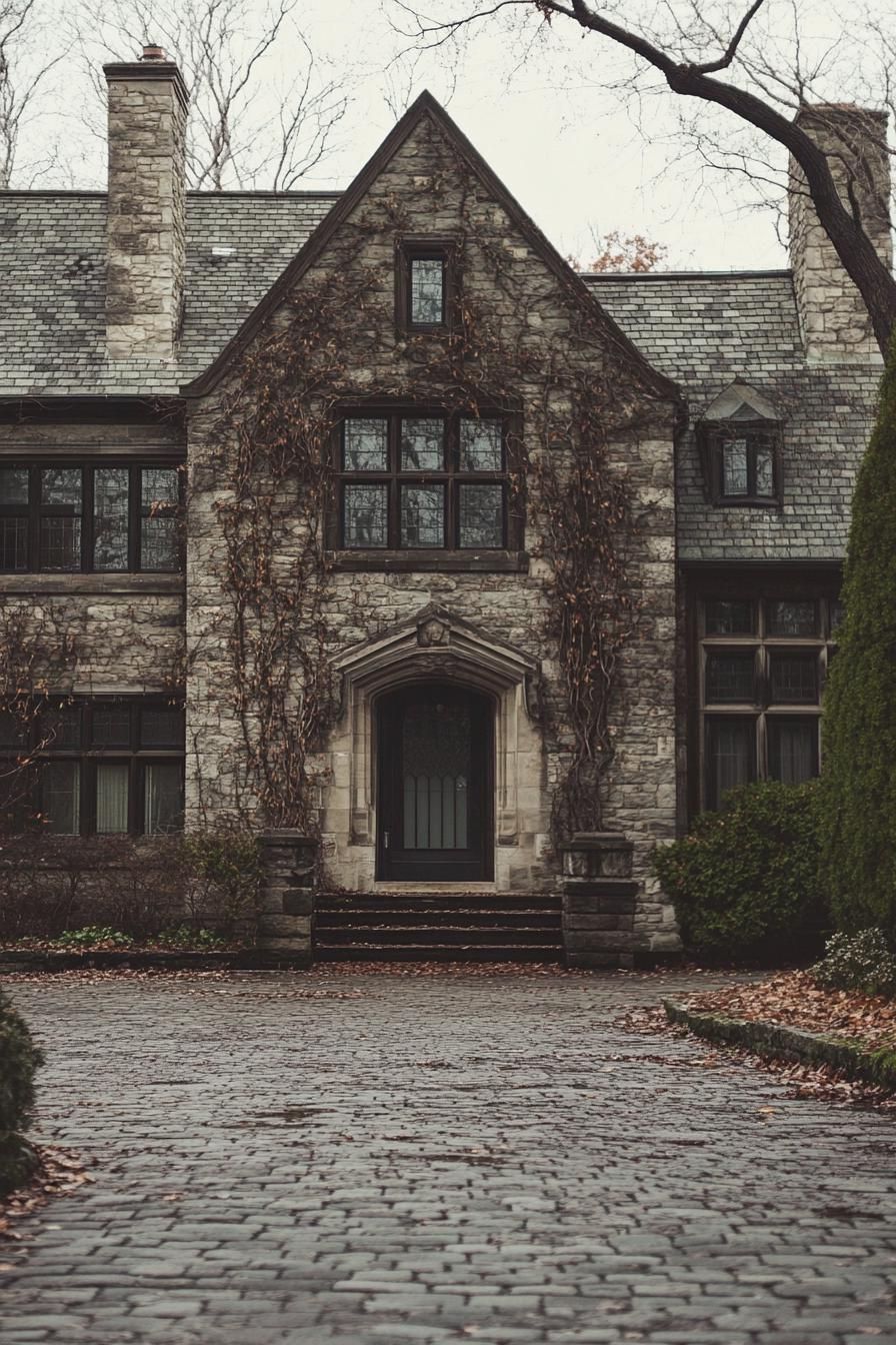 tudor style stone manor on woodlands facade with vines modern windows cobbleston yard 3