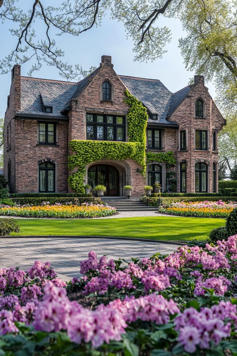 manor house with brick facade with flower vines modern windows roof with gables front yard with blossoming flower garden 3