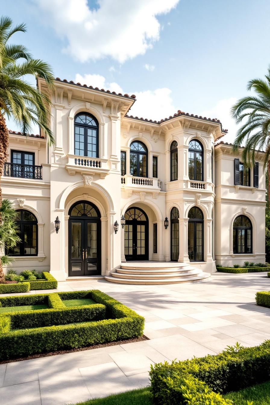 Elegant mansion with grand entrance and lush surroundings