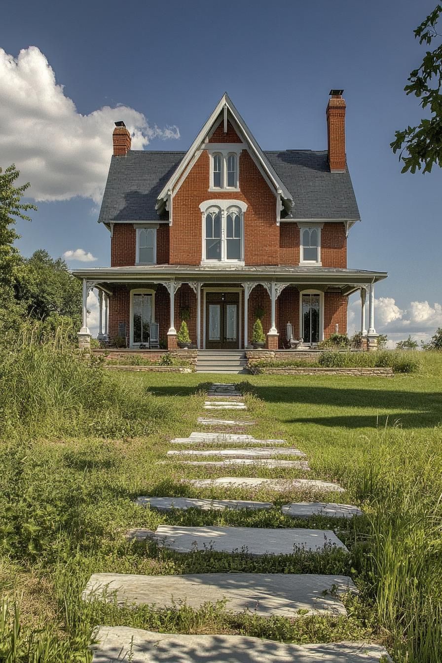 Charming brick house with pointed arch windows and a dark roof