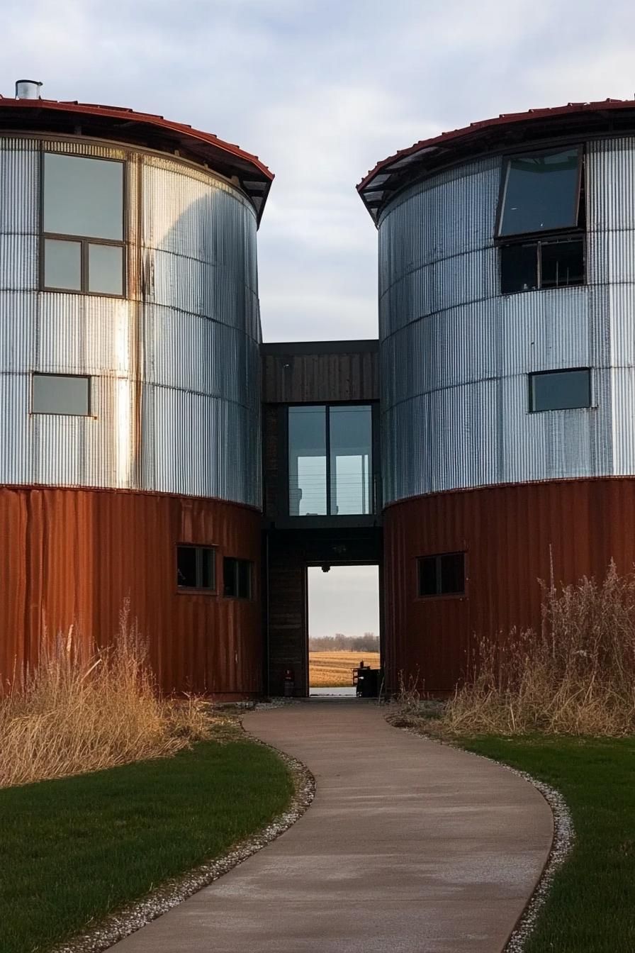 house made of two large grain silos connected with shipping containers the house has modern windows balcony between the silos with outdoor furniture