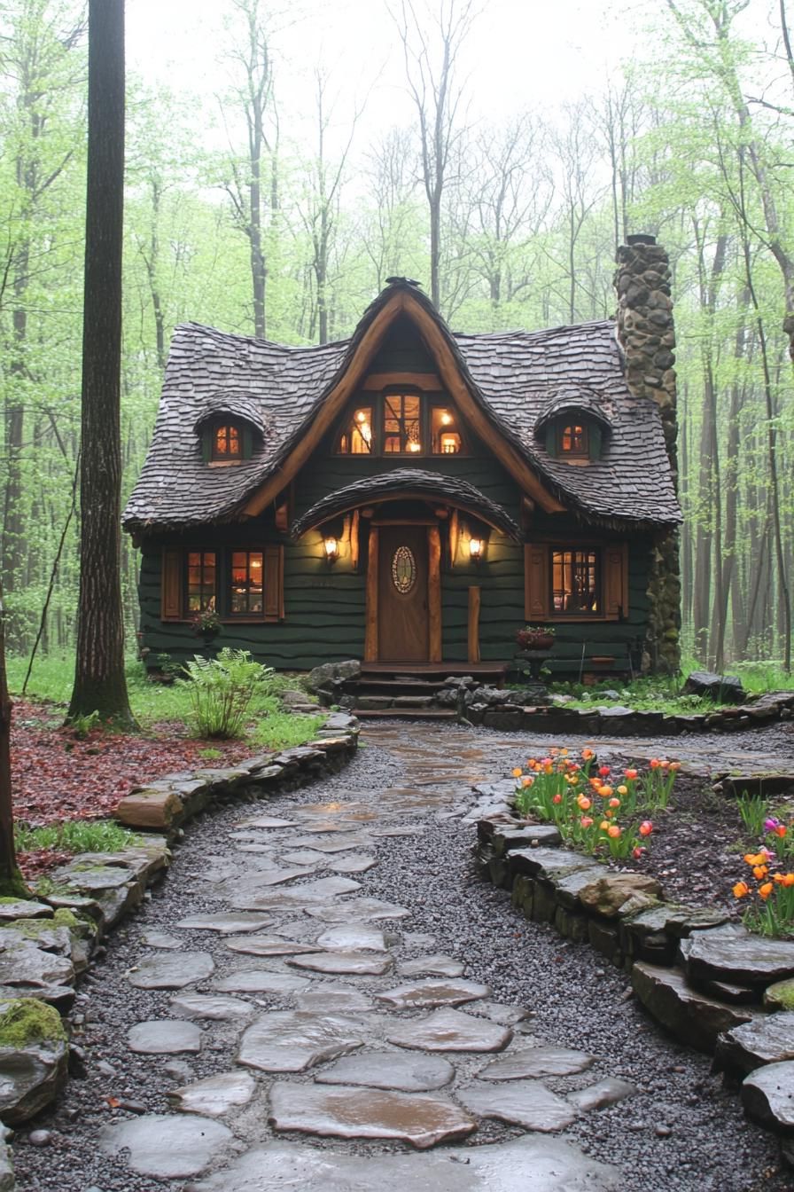 Charming forest cottage with a curved roof and stone chimney