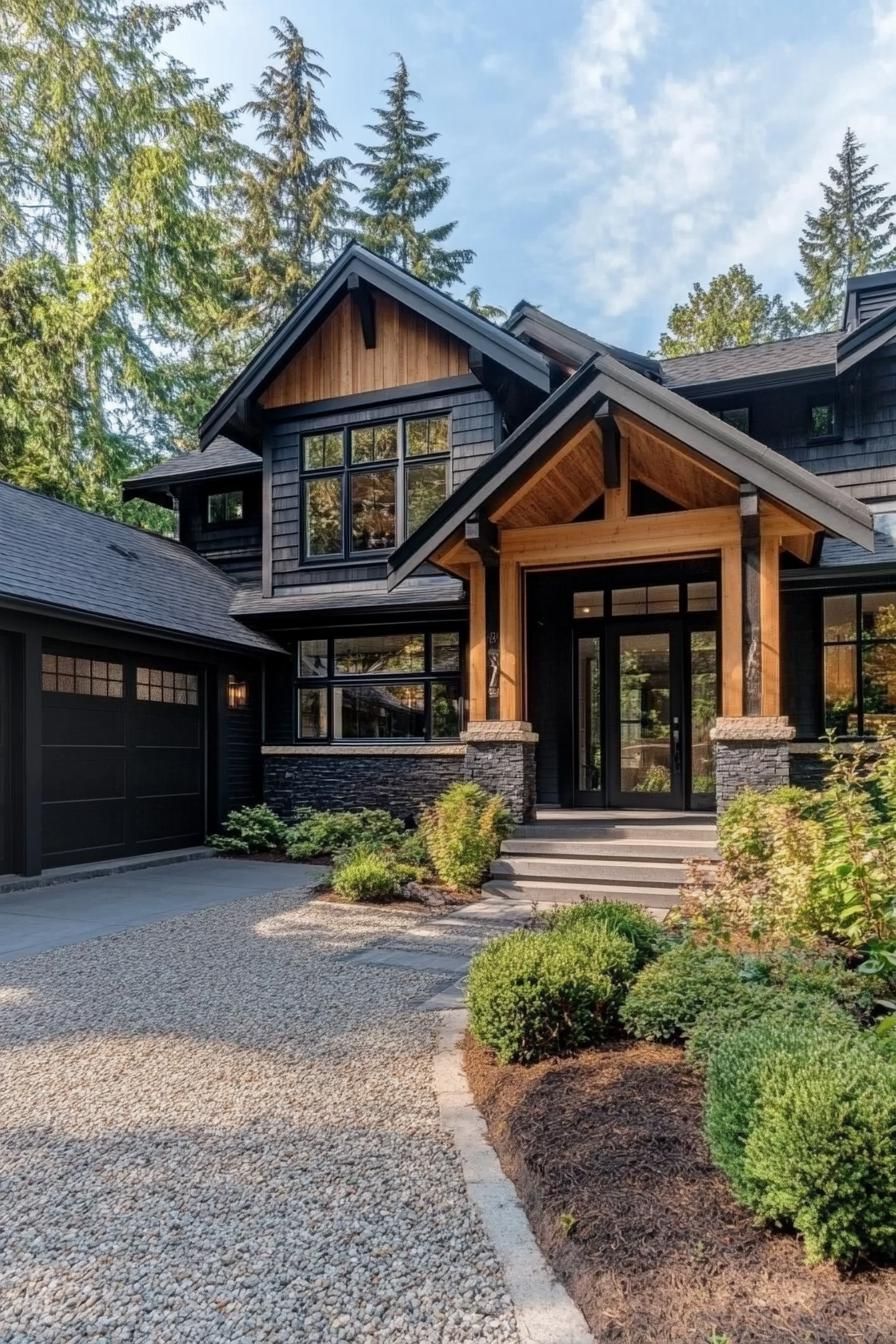 large modern farmhouse with dark wood siding black trim black multi pitched roof large windows with black trim black garage doors patio with beam