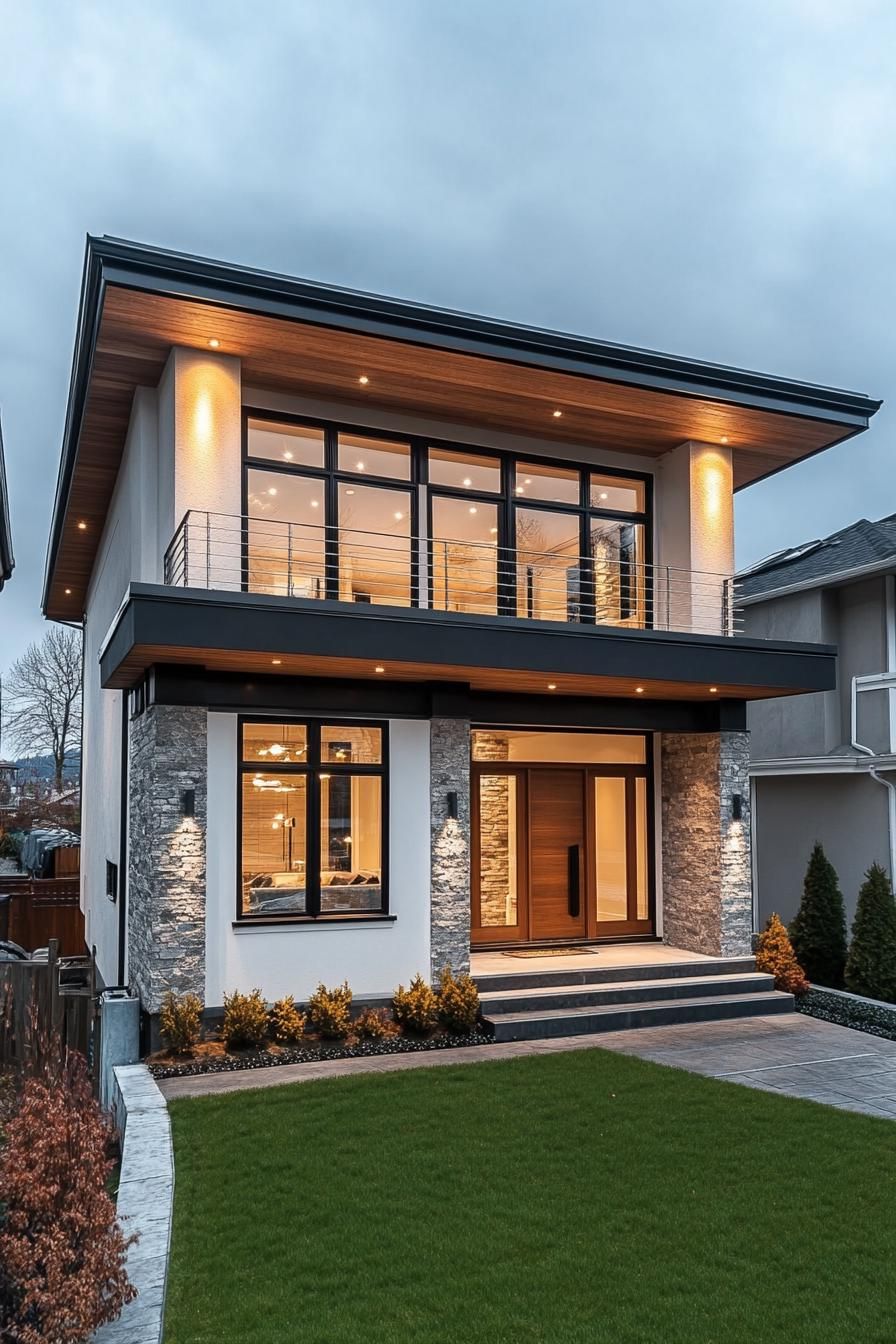 Modern two-story house with large windows and decorative stone accents