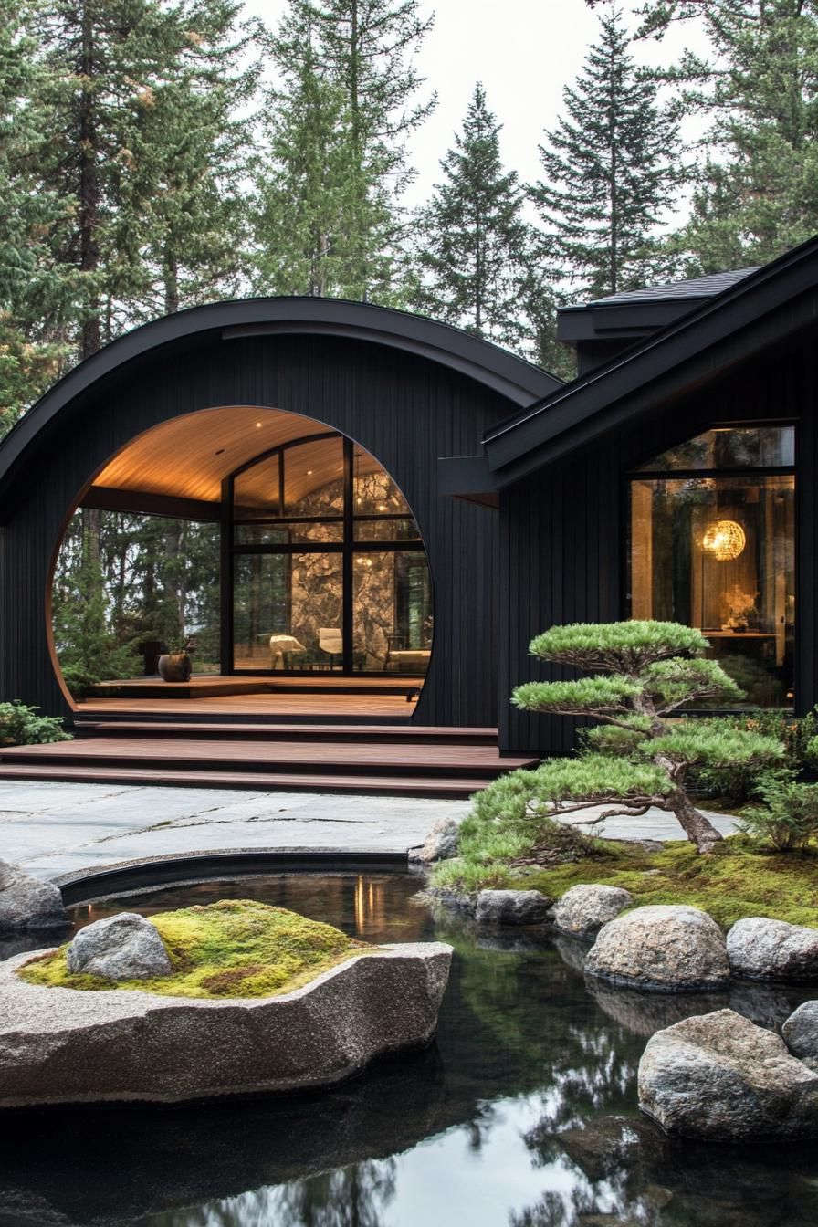 modern forest villa design black siding with dark wood accents front yard with a large modern arch with black outside and wooden inside large porch 2