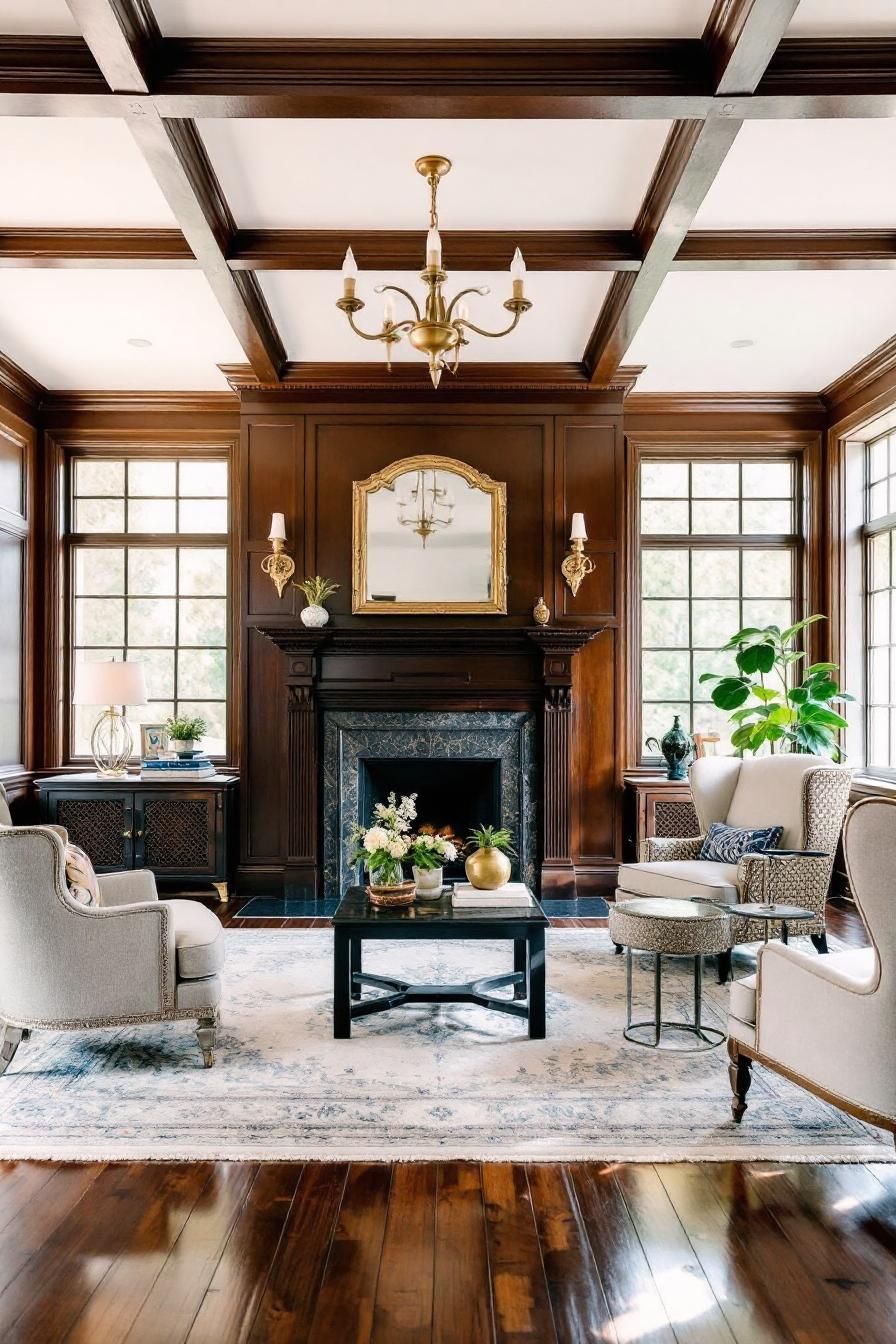 Traditional room with elegant wood paneling and chandelier