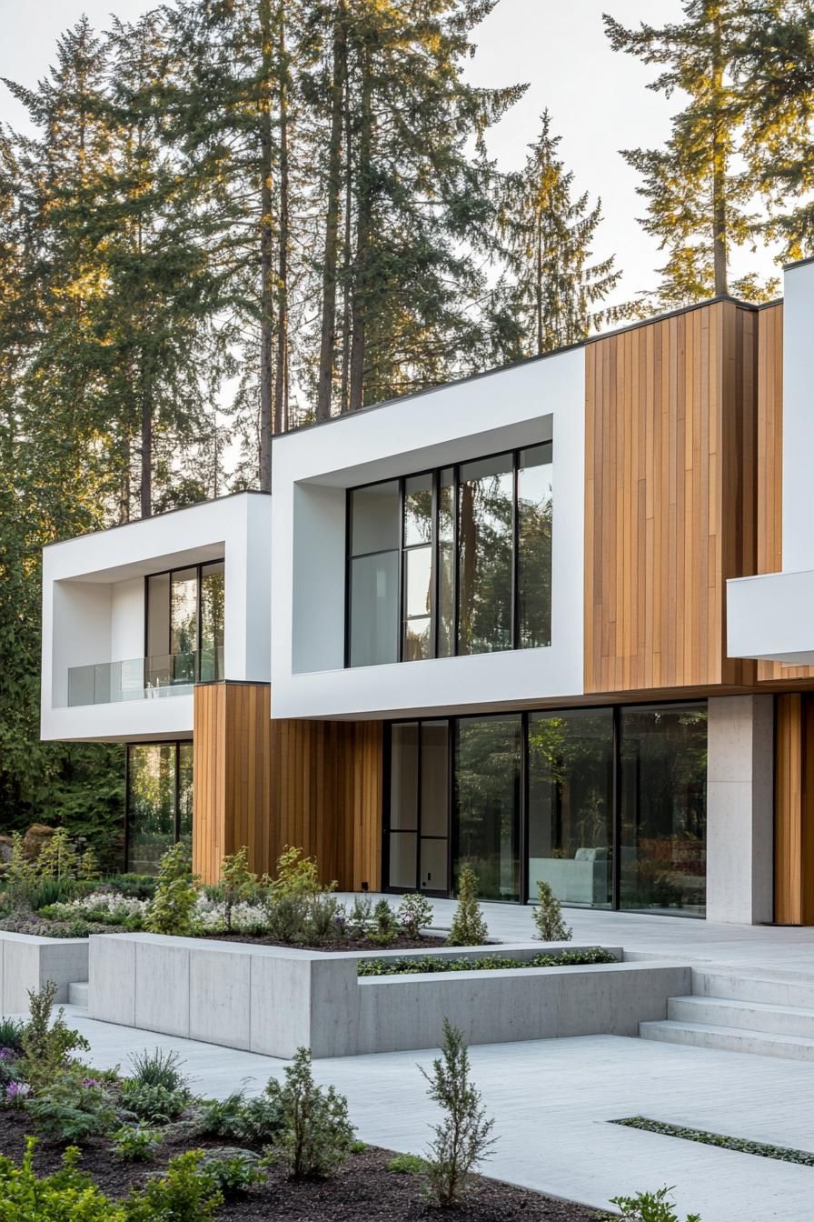 modern blocked villa with white and natural wood siding large geometric windows glass encased entrance landscaping with concrete beds and native 2