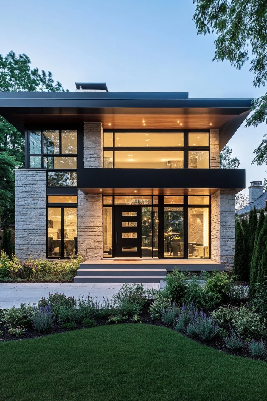 Modern house with large glass windows and a stone facade